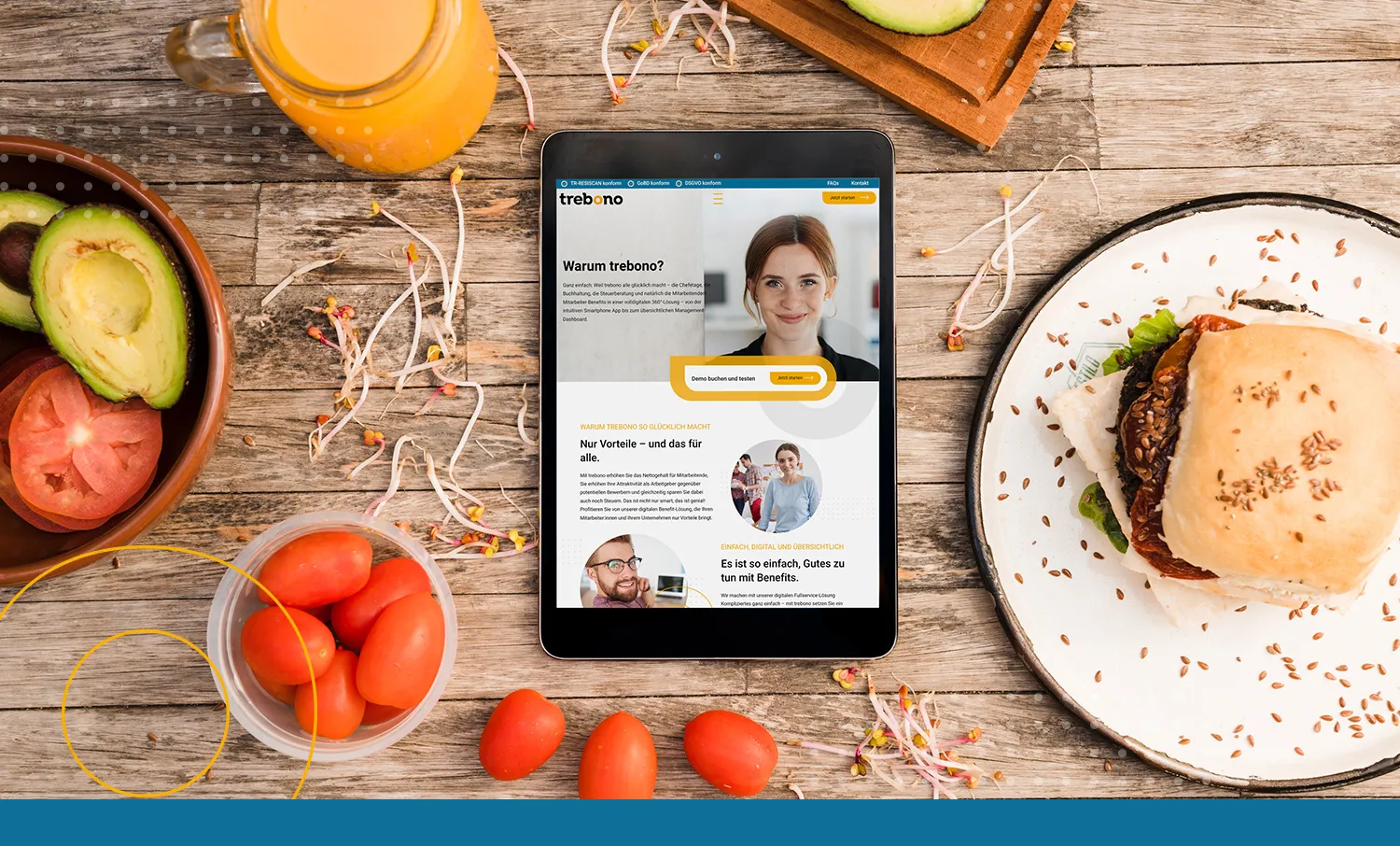 trebono Essensgutscheine - Warum trebono-Seite auf Tablet-Bildschirm, daneben ein reichlich gedeckter Tisch