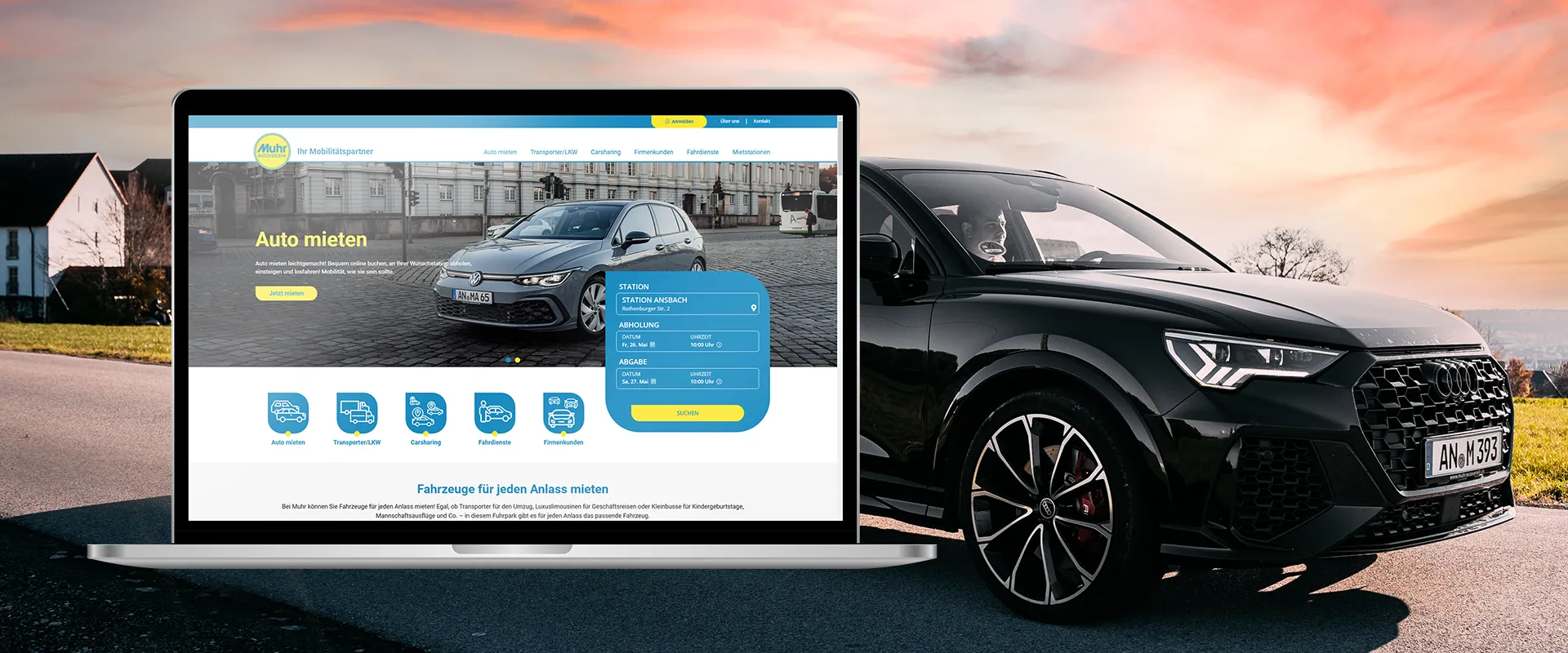 Muhr Autoverleih Auto Vermietung - Startseite der Webseite auf einem Laptop mit dem Vermietungsplugin