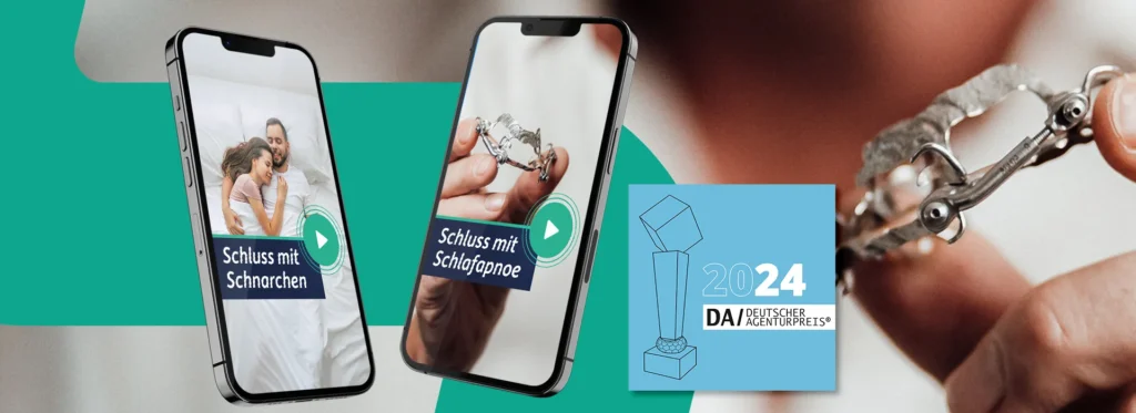 ApnoePerfect Deutscher Agenturpreis - Zwei Smartphones mit den Funnel-Kampagnen zur, Kundengewinnung, im Hintergrund die Schnarcherschiene, Gewinner 2024 in der Kategorie B2C / Leadgenerierung