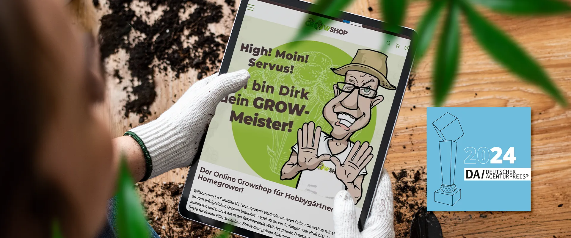SEO-Strategie Dirks Growshop Onlineshop – Frau mit Gärtnerhandschuhen hält ein Tablet mit der Startseite von Dirks Growshop