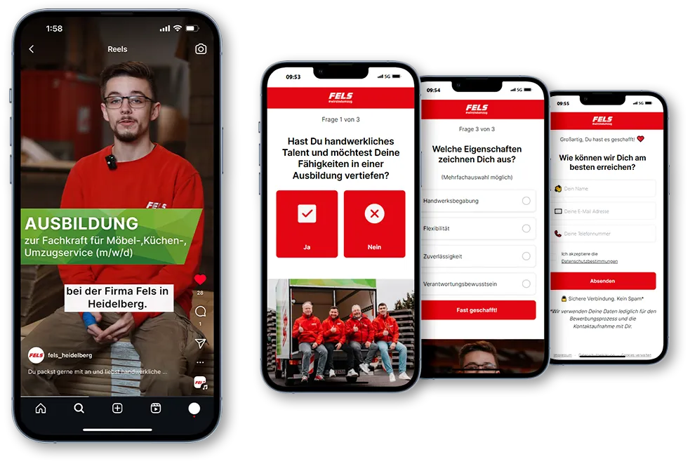 Employer Branding Maßnahmen - Instagram Reel, Bewerbungsfragen und Formular auf mehreren Smartphones zur Darstellung eines digitalen, vereinfachten Bewerbungsprozesses