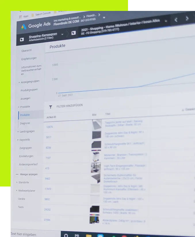 Performance Marketing Strategie - Detailansicht einer Produktkampagne im Google Ads Dashboard mit aufsteigender Leistungskurve