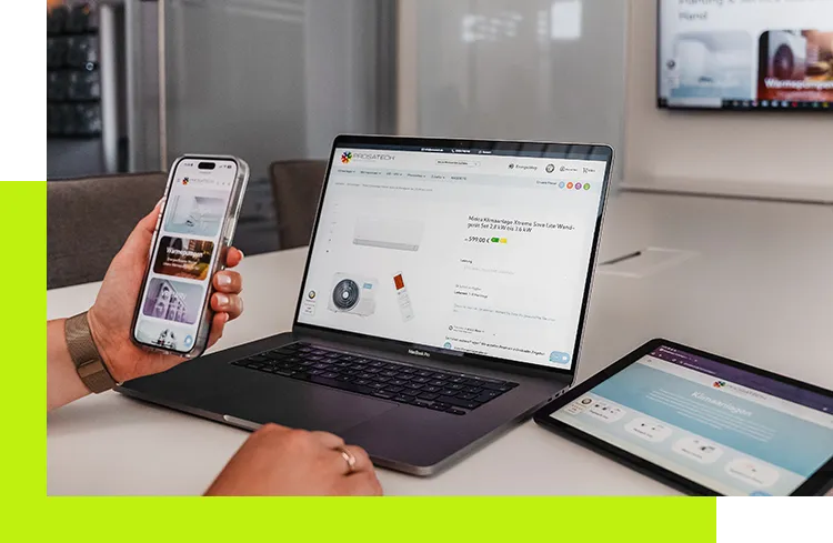 Wawi Onlineshop Agentur - Produktdarstellung eines Onlineshops auf Smartphone, Laptop und Tablet als Beispiel für die technische Anbindung einer Warenwirtschaft an einen modernen Webshop