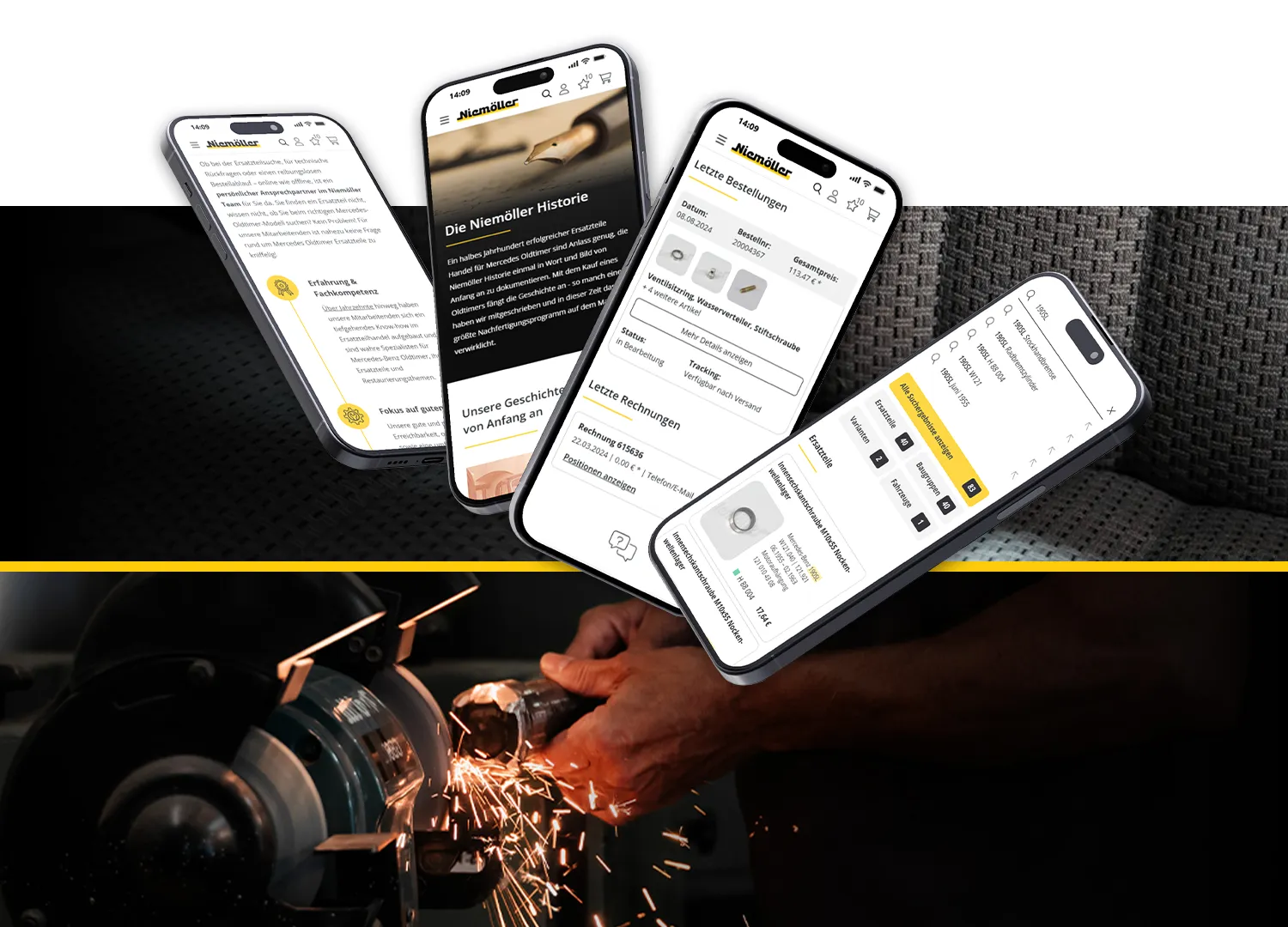 Individuelle Softwareentwicklung Referenz imc - Mobile Onlineshop-Features auf mehreren Smartphones vor Werkstattmotiv mit Funkenflug