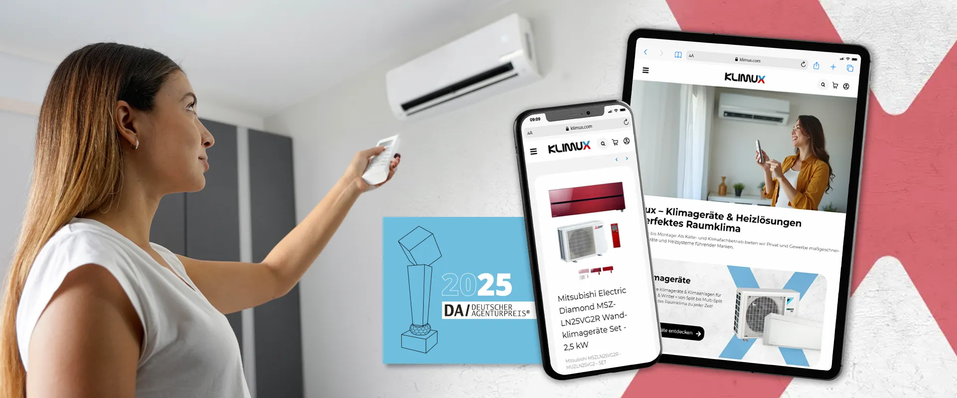 JTL Shop Klimux - Nutzerin steuert Klimaanlage per Fernbedienung mit begleitender Darstellung des Klimux Online-Shops auf mobilen Endgeräten, ausgezeichnet mit dem Deutschen Agenturpreis 2025