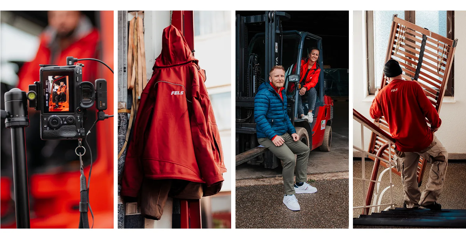 Social Media Design Referenz imc - Collage aus Logistik-Alltag der Spedition Fritz Fels GmbH mit Team, Stapler und Transport