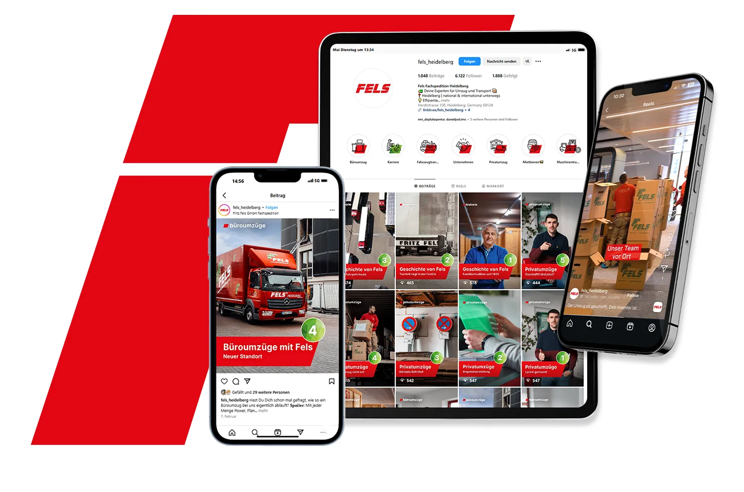 Social Media Management Fels - Social-Media-Mockup mit drei Geräten, die den Instagram-Auftritt von FELS Heidelberg mit Profilansicht, Beitragsraster und Reel zeigen