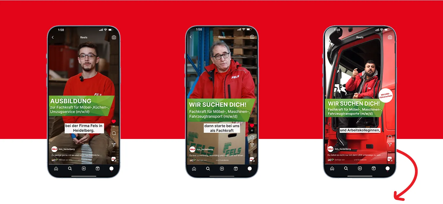 Social Media Recruiting Referenz imc Digitalagentur - Drei Smartphones mit Fels Recruiting-Reels, Job- und Ausbildungsbotschaften im CI auf rotem Hintergrund