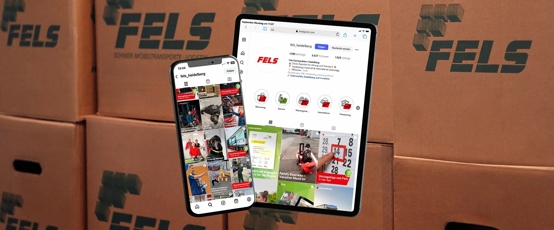 Social Media Strategie Fels - Smartphone und Tablet mit Fels Instagram-Profil und Content-Grid, inszeniert vor Fels-Kartonkulisse