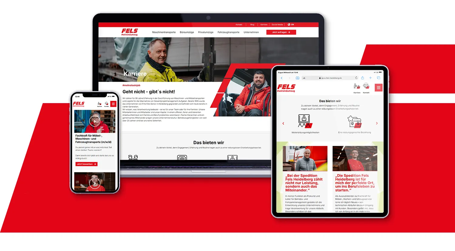 Social Recruiting Agentur imc Digitalagentur - Responsive Karriereseite von Fels als Geräte-Mockup auf Laptop, Tablet und Smartphone im Corporate Design