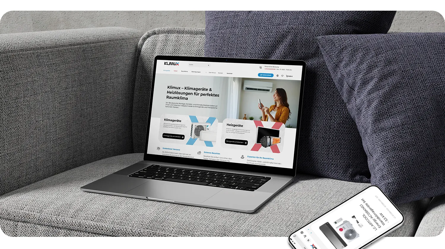 User Experience JTL Shop Klimux - Klimux Online-Shop im responsiven Webdesign mit Startseite auf Laptop und ergänzende Produktansicht auf Smartphone