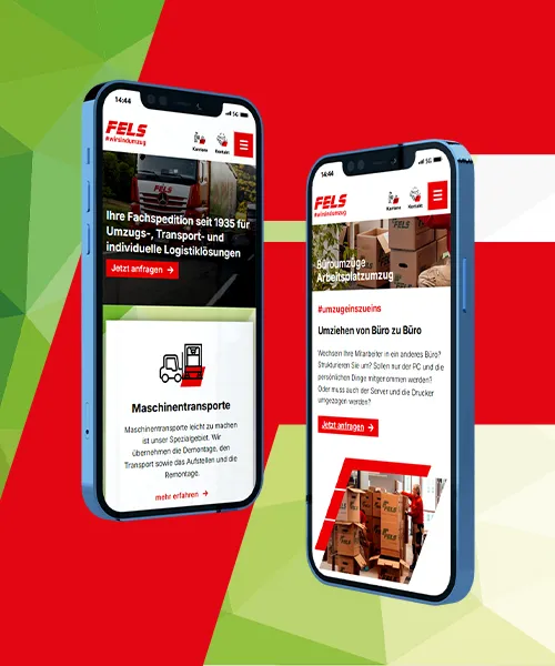 Web Relaunch Referenz imc Digitalagentur – Mobile-Ansichten der neuen Fels-Website auf zwei Smartphones, präsentiert vor grafischem CI-Hintergrund zur Darstellung der responsiven Umsetzung