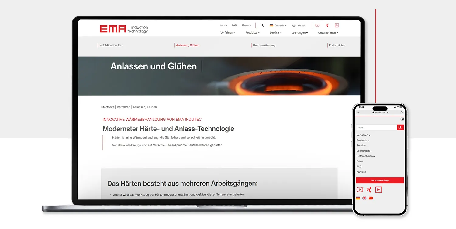 B2B Website Redesign Referenz imc - Desktop- und Smartphone-Ansicht der Verfahrensseite „Anlassen und Glühen“ mit klar strukturierter Content-Darstellung