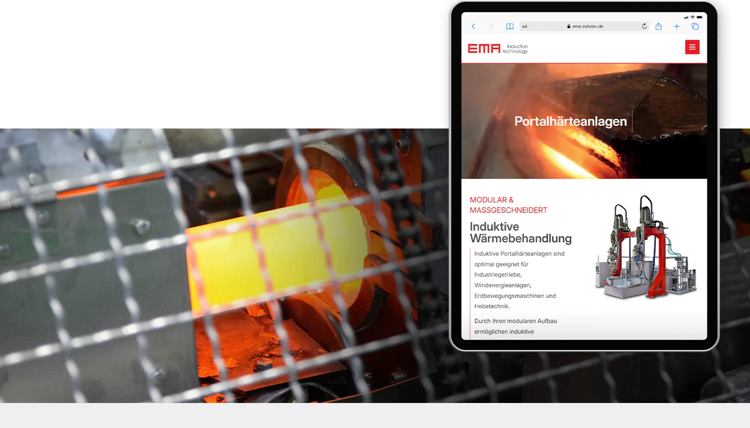Mehrsprachige Website EMA Indutec - Tablet-Ansicht der Produktseite „Portalhärteanlagen“ vor laufendem Induktionsprozess