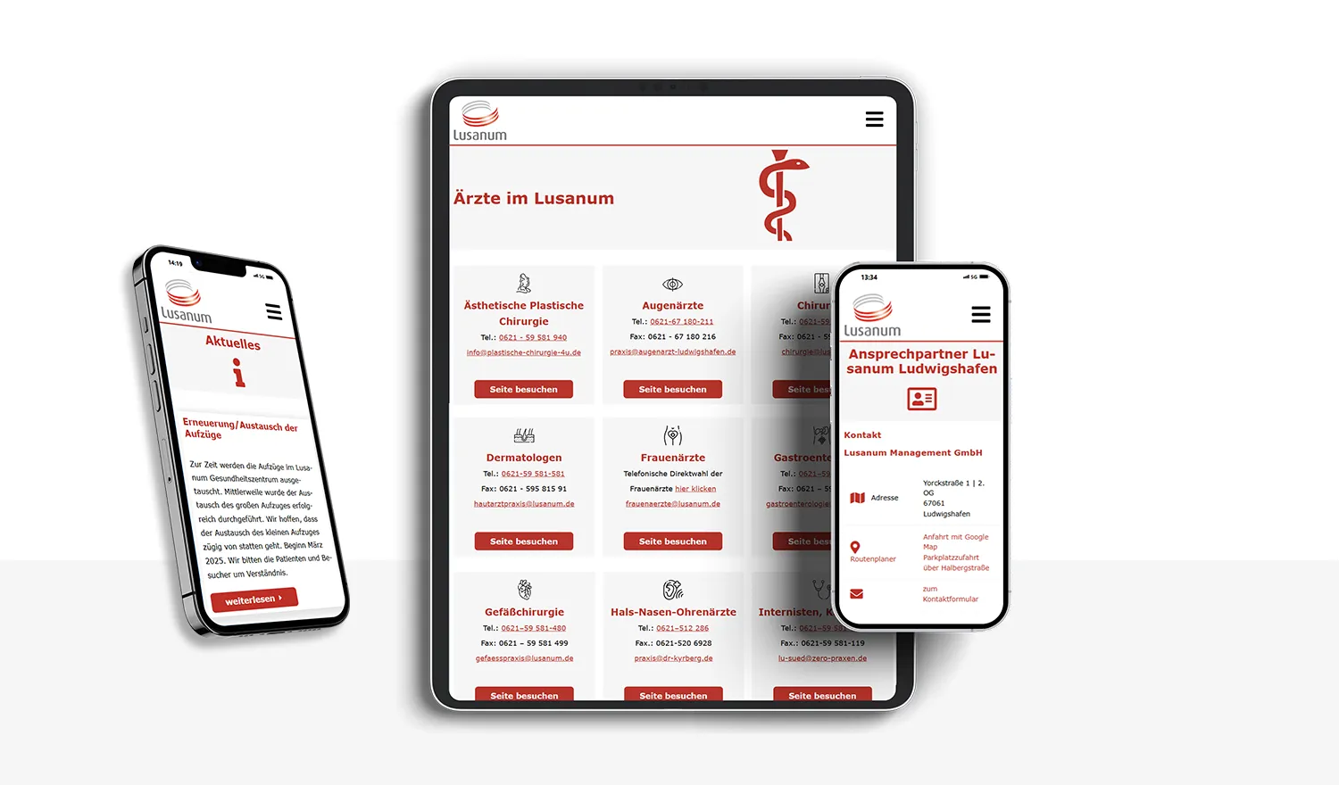 User Experience Lusanum - Tablet- und Smartphone-Ansicht der neuen Website vor Innenarchitektur des Gebäudes zur Darstellung der responsiven Umsetzung