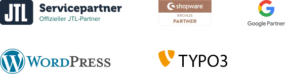 Servicepartner - mehrere Logos von JTL Serivepartner, Shopware Bronze Partner, Google Partner, WordPress und Typo3