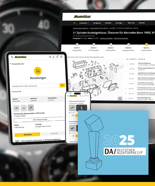 Onlineshop Webseite Niemöller - Individuelle Softwareentwicklung und Softwarearchitektur für Niemoeller, System- und Teilefinder-Ansicht auf mehreren Endgeräten, mit Siegel „DA Deutscher Agenturpreis 2025“