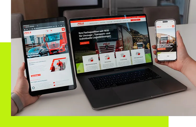Brand Experience - Speditions-Website mit LKW auf Laptop, Tablet und Smartphone dargestellt