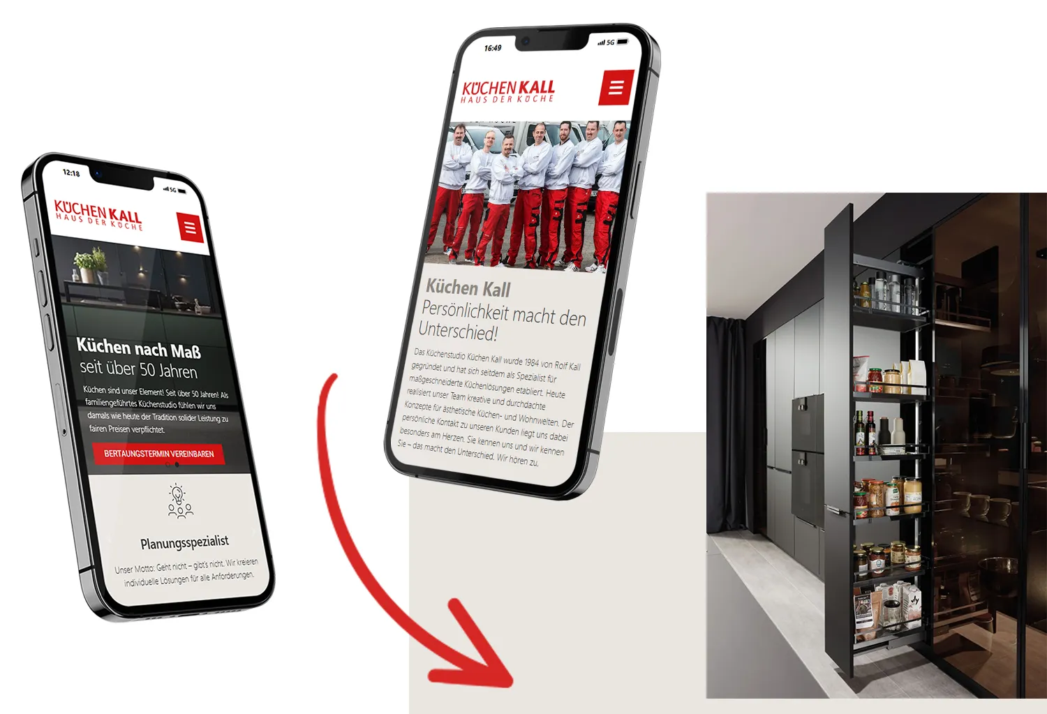 Web-Relaunch Webdesign Referenz imc – verschiedene Handys mit unterschiedlichen Unterseiten der Küchen Kall Webseite