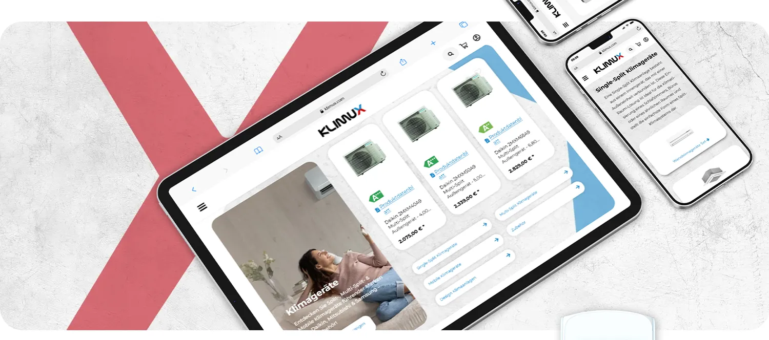 UX Design Klimux Referenz imc - Responsives UX-Design für Klimux mit Produktübersicht und Navigation dargestellt auf Tablet und Smartphones
