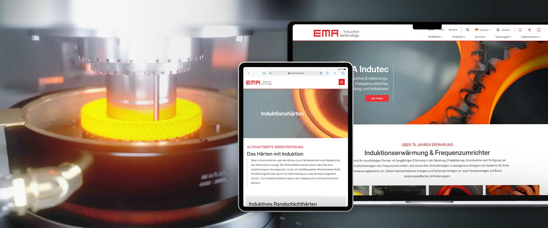 Optimiertes User Experience Design EMA Indutec - Tablet-Ansicht der Website vor industrieller Induktionshärtung zur Darstellung der neuen digitalen Nutzerführung