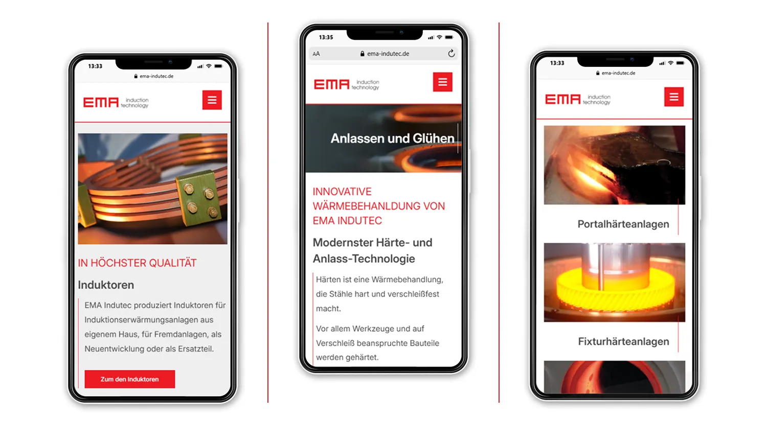 Überarbeitung Content Strategie EMA Indutec - Mobile Darstellung zentraler Leistungsbereiche von EMA Indutec mit Fokus auf responsives UX-Design