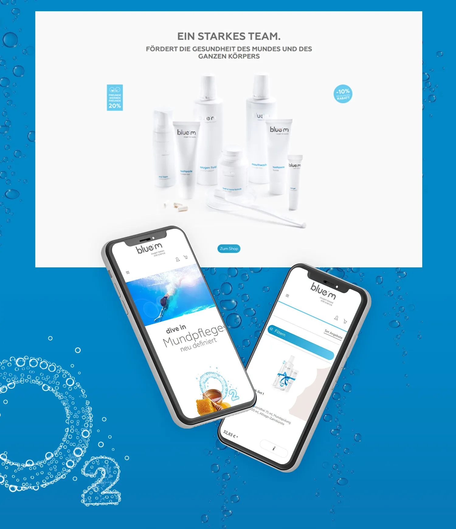 Zahnpflegeprodukte neuer Onlineshop - Mobilversion der Zahnpflegeprodukte auf zwei Handys und Produktpräsentation der Zahnpflegeprodukte im Hintergrund
