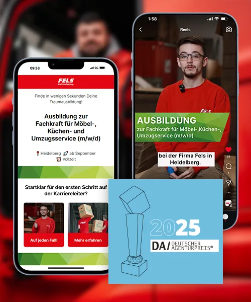 Social Recruiting Meta Referenz imc - Social-Recruiting-Setup für Fels mit Reel und Mobile-Landingpage im Device-Mockup, ergänzt um Deutscher Agenturpreis 2025 Badge