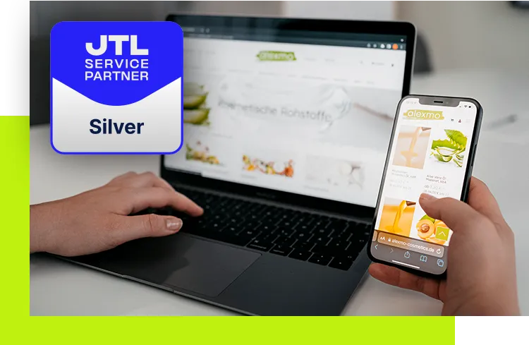 JTL Agentur - Darstellung eines responsiven Onlineshops auf Laptop und Smartphone zur Visualisierung der professionellen JTL-Servicepartner-Unterstützung für JTL-Shop und JTL-Wawi