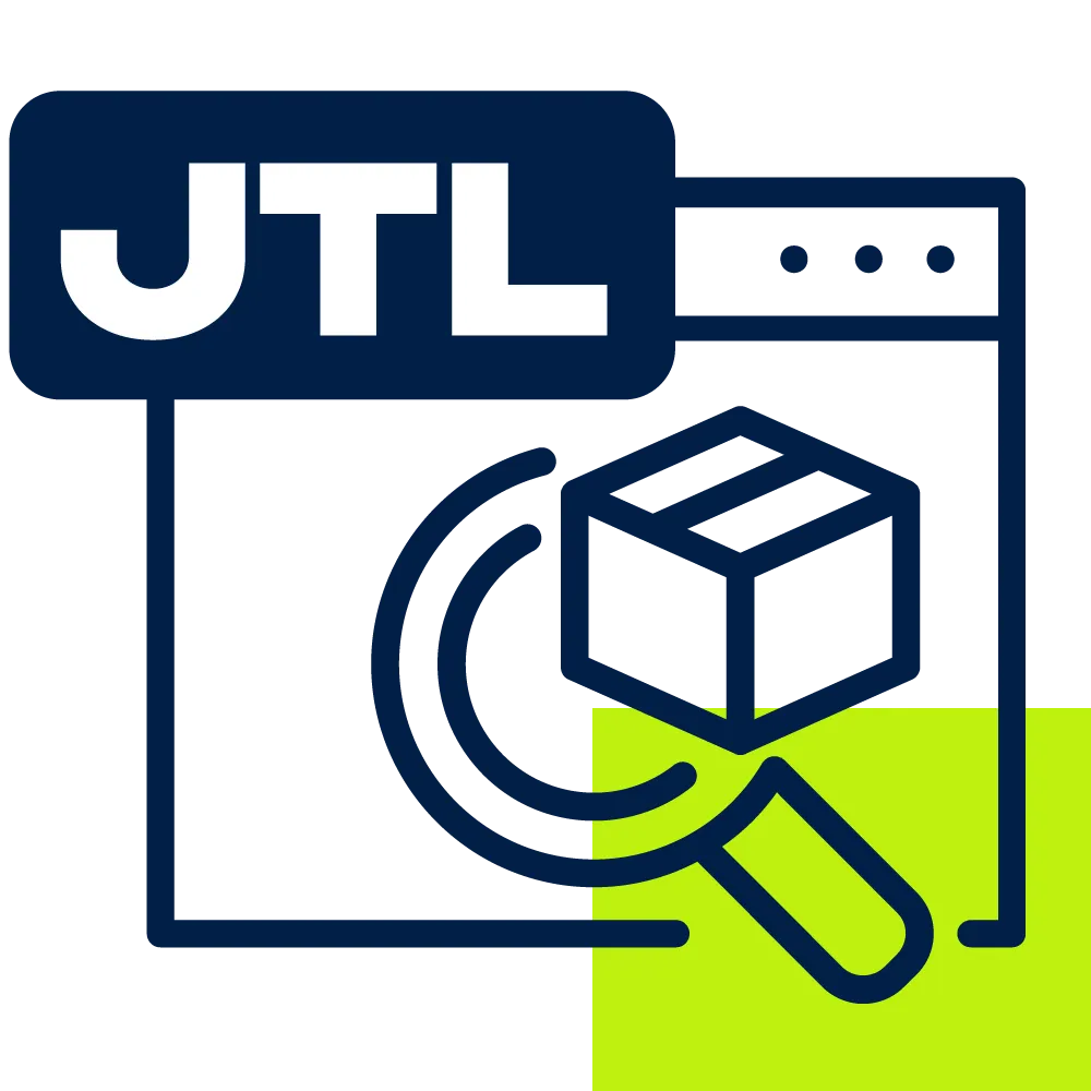 Marktplätze zertifizierte Partner - Icon eines Computerbildschirms mit JTL-Logo und Lupe als Symbol der zertifiziertern Partnerschaft mit JTL und Shopware