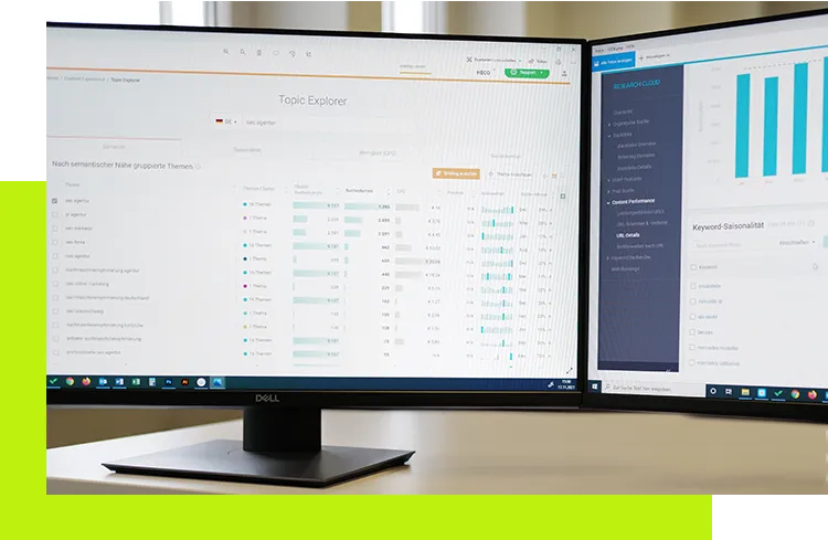 Agentur für Suchmaschinenoptimierung - Zwei Monitore zeigen SEO-Tools zur datenbasierten Optimierung von Webseiten-Inhalten