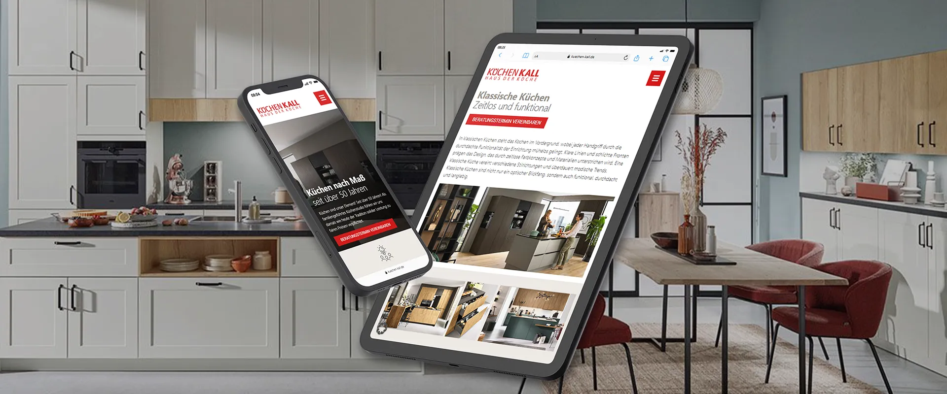 Web-Relaunch Küchen Kall – Tablet und Handy mit Webseite von Küchen Kall