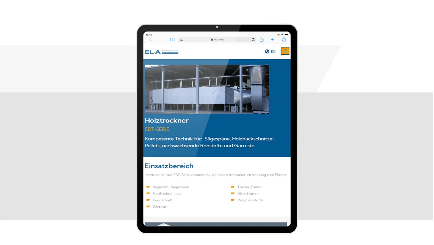Content Optimierung Referenz imc - Produktseite Holztrockner von EL-A Verfahrenstechnik auf Tablet